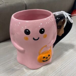 Pink Halloween Pink Ghost w/Jack o’lantern Hand painted Ceramic Coffee mug NWT